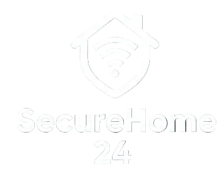 White SecureHome 24 logo on a dark charcoal background, featuring a house outline with a shield and wireless signal icon above the brand name.